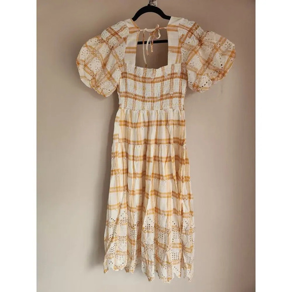 NWT Anthropologie Puff-Sleeve Eyelet Midi Dress Size S Yellow #9H413 - Picture 7 of 11